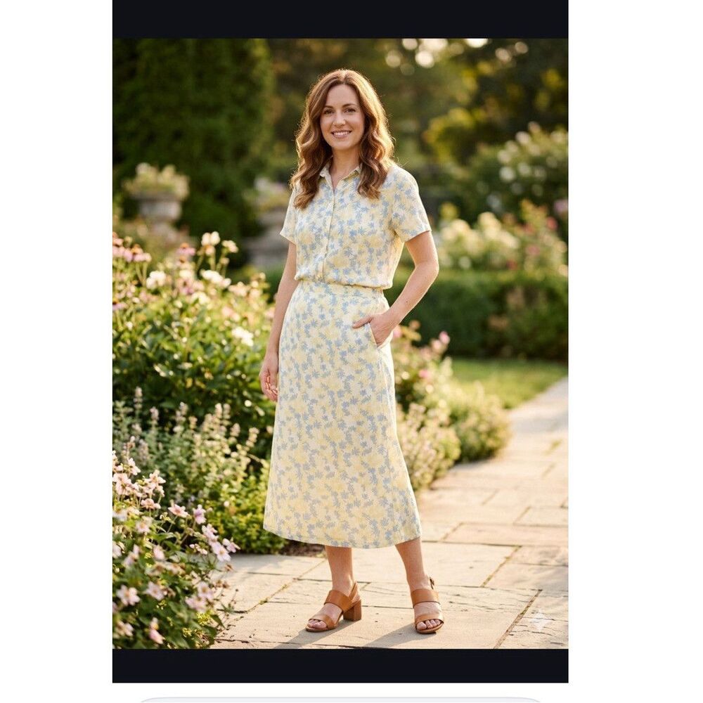 Emma James Floral Yellow Blue Rayon Top & Skirt Set Women’s Size 10 Rayón 100%